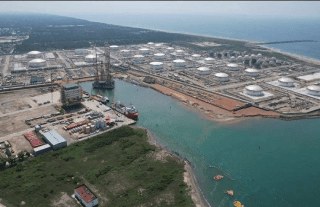 Aerial view of the Dos Bocas refinery storage tanks and marine terminal